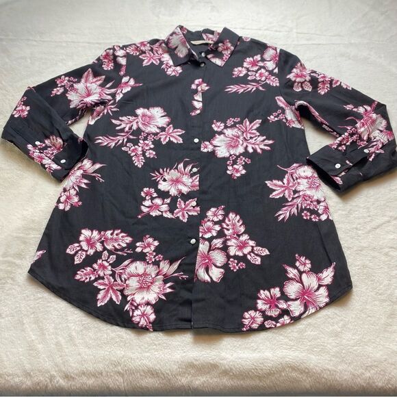 Soft Surroundings Button Down Black with Pink White Floral Design Blouse Size PM - Picture 1 of 8